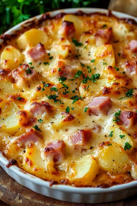 Ham and Potato Au Gratin - An Organized Chaos Bobby Flay Ham And Cheese Casserole, Ham And Potatoes Casserole Recipes, Ham Main Dish Recipes, Ham Au Gratin Casserole, Easy Dinners With Ham, Ham And Fried Potatoes, Recipes With Ham And Potatoes, Scalloped Potatoes And Ham Recipes, Ham Potato Recipes