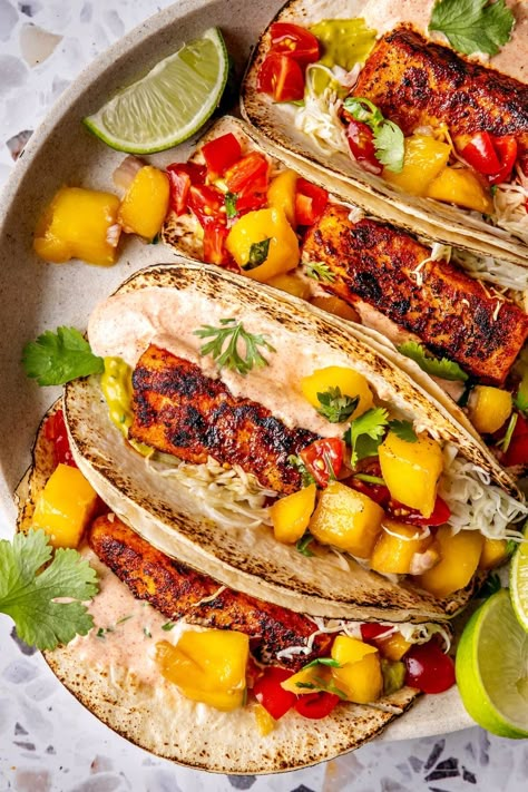 BLACKENED FISH TACOS WITH MANGO SALSA Mango Fish Tacos, Tacos Steak, Cod Tacos, Fish Tacos With Mango Salsa, Mango Fish, Easy Entrees, Cod Fish Tacos, Apartment Recipes, Tacos With Mango Salsa