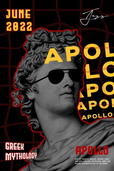 Greek Posters Mythology, Mythology Graphic Design, Greek Mythology Graphic Design, Greek Poster Design, Greek Mythology Posters, Apollo Mythology, Greek Mythology Poster, Apollo Greek, Toga Party