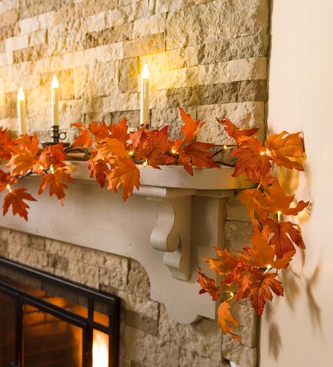 Indoor/Outdoor Lighted Maple Leaf Garland with 24 Lights | Wind and Weather Fall Twinkle Lights, Thanksgiving Twinkle Lights, Autumn Led Lights Color, Fall Leaves Garland, Autumn Leaves Garland, Battery Operated Garland, Halloween String Lights, Fall Garland Mantle Lights.com, Fall Harvest Decorations