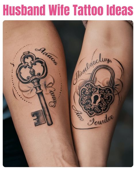 15 Unique Husband and Wife Tattoo Ideas to Showcase Your Love Wedding Tattoos For Men, Memorial Tattoo Husband, Wife Tattoo Ideas, Wife Name Tattoo, Spouse Tattoos, Mrs Tattoo, Husband Wife Tattoos, Married Couple Tattoos, Really Bad Tattoos