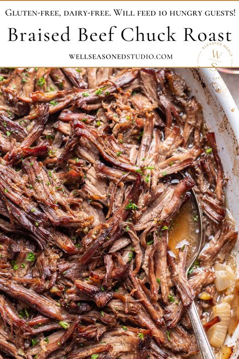 Braised Beef Chuck Roast. Chuck Roast Braised, Chuck Roast Brisket, Slow Cooked Beef Chuck, Beef Chuck Roast Bone In Recipes Crockpot, Beef Chuck Rib Roast Recipes, Oven Braised Chuck Roast, Bone In Roast Beef, Chuck Roast For Sandwiches, Shoulder Clod Roast Recipe