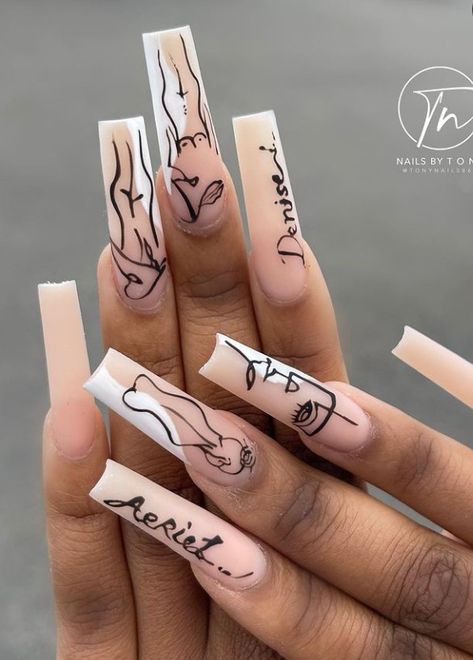 Boyfriend Name Nails, Nails With Words On Them, Name On Nails Boyfriends, Name On Nails, Sagittarius Nails Designs, Sagittarius Nails, Vibrant Nails, Dope Nail Designs, Long Square Acrylic Nails