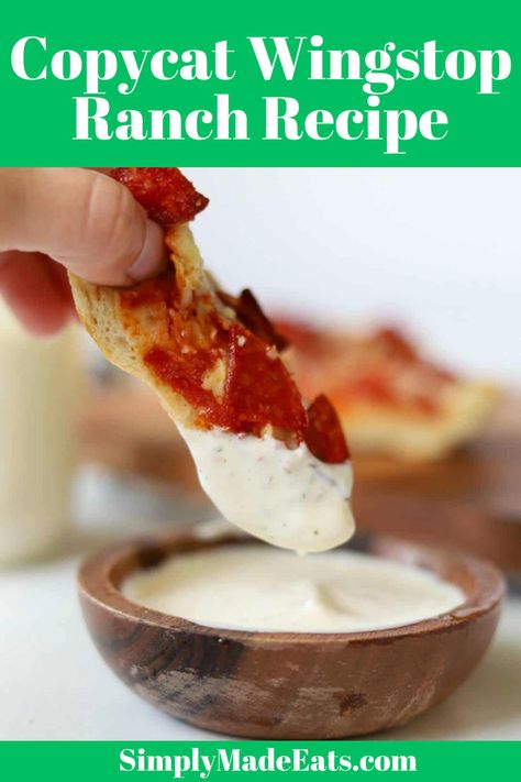 Pizza slice dipping into ranch in bowl. Wing Stop Ranch Recipe, Wing Stop Ranch, Wingstop Ranch Dressing, Wingstop Ranch Recipe, Copycat Wingstop, Wingstop Ranch, Pulled Pork Egg Rolls, Pizza And Wings, Wing Stop