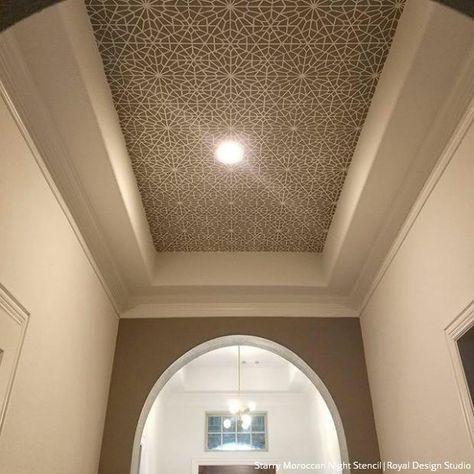 Top It Off: 18 of the Prettiest Ceiling Designs using Ceiling Stencils from Royal Design Studio Recessed Ceiling Ideas, Creative Ceiling Ideas, Tray Ceiling Ideas, Living Room Pop, Arab Architecture, Pop False Ceiling, Interior Creative, Ceiling Interior, Tile Bedroom