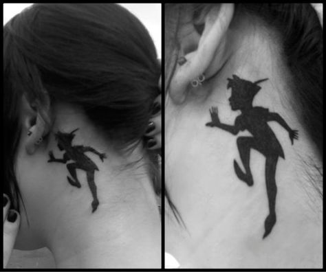 Peter's shadow??  YES. In Ear Tattoo, Peter Pan Shadow, Pan Tattoo, Peter Pan Silhouette, Peter Pan Tattoo, Shadow Tattoo, Silhouette Tattoos, Disney Tattoos, Skin Art