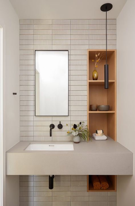 Modern Powder Room, Very Small Bathroom, Small Bathroom Vanities, Small Vanity, Bathroom Size, Small Bathroom Storage, Bathroom Renos, Laundry In Bathroom, House Bathroom