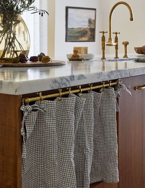 Curtains On Cupboards, Curtain Over Shelves, Kitchen Curtain Cabinet, Curtain In Kitchen Cabinets, Kitchen Rag Storage, Kitchen Island With Curtain, Kitchen Cabinet Curtains Open Shelves, Cabinet Curtains Kitchen, Curtain Rod Under Kitchen Cabinet