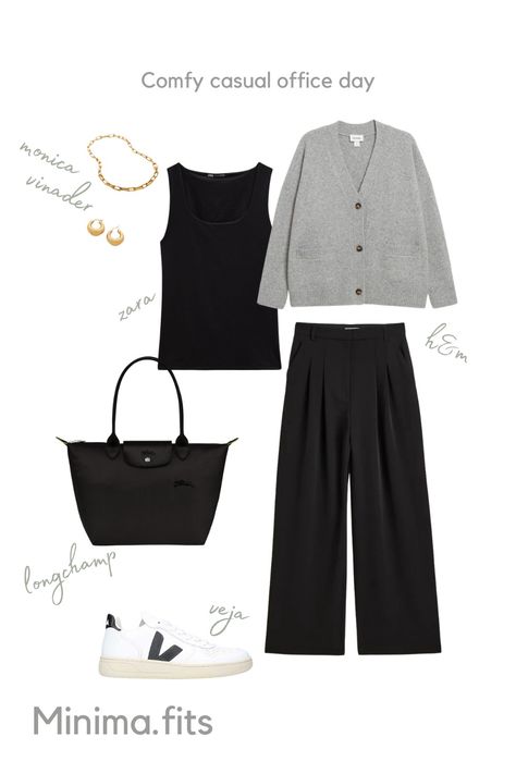 A comfy casual outfit, perfect for the office. The outfit includes black wide leg H&M trousers, black Zara tank, grey cardigan, leather Veja smart trainers, Longchamp black office bag and gold chunky Monica Vinader jewellery. Young Office Outfits, Young Professional Outfits Casual, Young Professional Fashion, Internship Outfit, Young Professional Outfits, Casual Professional, Comfy Outfit, Professional Wardrobe, Young Professional