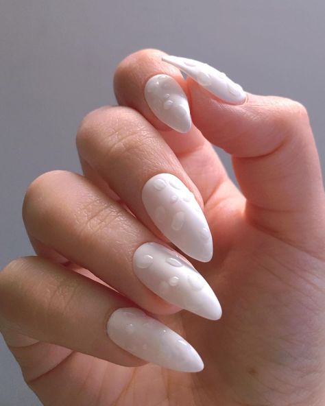 Water Droplet Nails • matte nails with 3D “droplets” - base colour is customisable • pictured in almond shape (available in short… Water Droplet Nails, Droplet Nails, White Matte Nails, Raindrop Nails, Edgy Nails, Nails White, First Blog Post, Water Droplets, Matte Nails