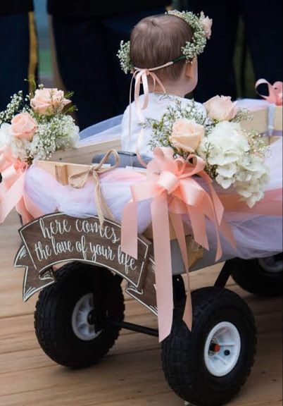 PEACH AND WHITE WEDDING FLOWERS Decorating Wagon For Wedding, Wagon Decorated For Wedding, Wagon For Wedding Baby, Baby Flower Girl Wagon, Flower Girl Wagon Ideas, Wedding Wagons For Flower Girl, Flower Girl Ideas To Carry, Diy Wedding Wagon, Thanksgiving Floral Centerpieces