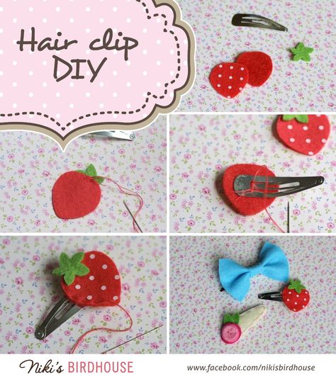 Kawaii Hair Clips Diy, Cute Diy Hair Clips, Fabric Hair Clips Diy, Diy Clips For Hair, How To Make Hair Clips, Felt Hair Clips Diy, Diy Hairclips, Felt Clips, Strawberry Hair Clip