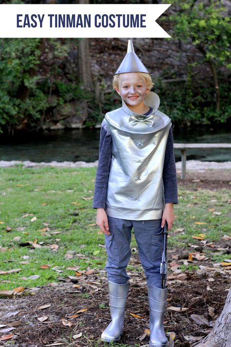 Easy Wizard of Oz Halloween Costumes- Tinman Diy Tinman Costume For Kids, Easy Tin Man Costume, Diy Tinman Costume For Men, Tin Man Costume Diy Men, Wizard Of Oz Diy Costumes, Diy Tin Man Costume Women, Tinman Costume Diy, Tin Man Costume Diy, Diy Wizard Of Oz Costumes