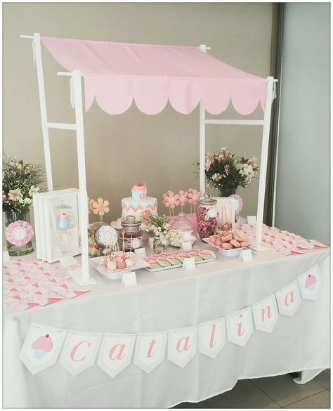 Pink & Aqua Cupcake Birthday Party Ideas | Photo 1 of 16 | Catch My Party Birthday Cake Stand Decor, Candy Bar Comunion, Cake Stall, Cupcake Birthday Party, Cupcake Photos, Ice Cream Birthday Party, Ice Cream Theme, Cupcake Birthday, Craft Fair Displays