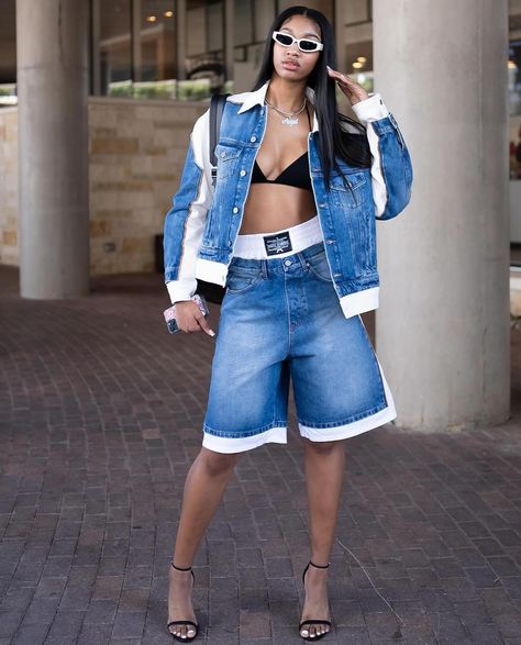 the first 🔟 outfits of angel reese’s wnba career. Angel Reese, Denim Sandals, Image Swag, Heels Outfits, Double Denim, Denim Trends, Wnba, Dressed To Kill, Recycled Denim