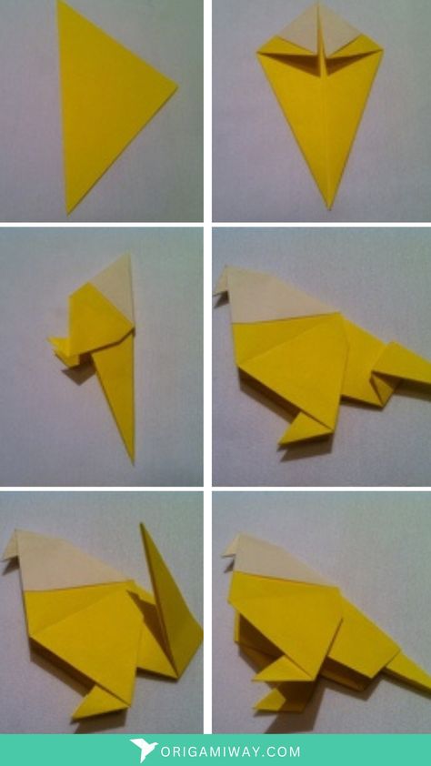 A  yellow origami paper bird Origami Pigeon, Origami Bird, Plain Paper, Cut It, Origami Paper, Colored Paper, Pigeon, Step By Step Instructions, How To Make An