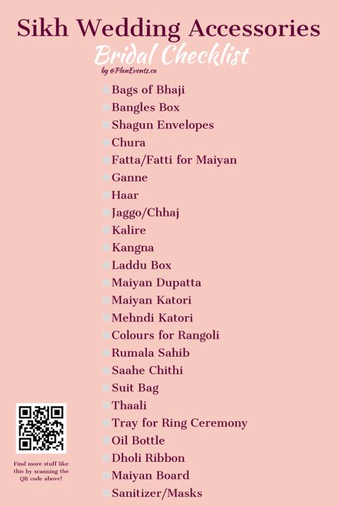 Punjabi Wedding Checklist, Bride Essentials List Indian, Groom Checklist, Wedding Essentials Checklist, Indian Wedding Planning Checklist, Bridal Checklist, Wedding List Checklist, Bride Checklist, Wedding Preparation Checklist