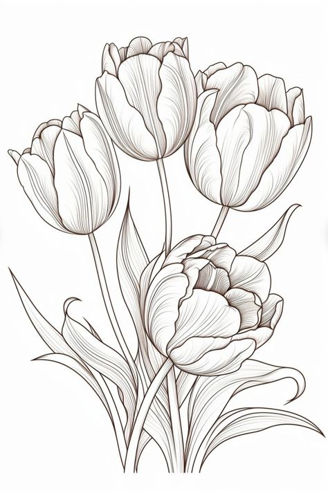 Tulip Flower Drawing, Flower Sketch Pencil, Printable Drawings, Doodle Practice, Art Topics, Tulip Drawing, Printable Flower Coloring Pages, Draw Tutorial, Pencil Drawings Of Flowers