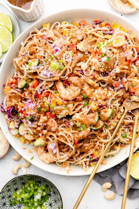 Cold Noodle Salad Summer, Shrimp Noodle Salad, Asian Salad With Shrimp, Prawn Noodle Salad, Asian Shrimp Noodles, Rice Noodles Salad Cold, Cold Shrimp Pasta Salad Recipes Asian Noodles, Cold Asian Noodle Salad, Cold Noodle Salad With Peanut Sauce