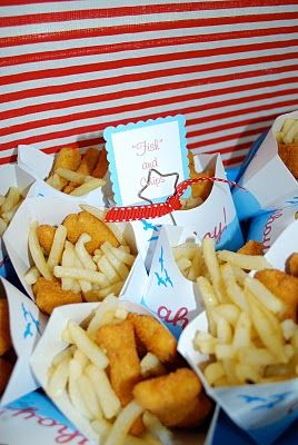 Fish and chips, kid style= chicken nuggets and french fries. Pirate party The Big 4, Mermaid Pirate Party, Octonauts Party, Pirate Stuff, Nemo Birthday, Ocean Birthday Party, Fishing Birthday Party, Ocean Birthday, Pirate Theme Party