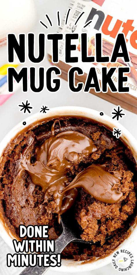 Mug Cake Recipe Nutella, Easy Nutella Mug Cake Microwave, Easy Nutella Desserts Microwave, Easy Nutella Cake, Quick Nutella Dessert, Airfryer Mug Cake, Mug Cake Nutella, Cake In A Mug Recipe, Nutella Desserts Easy