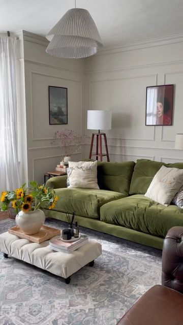 Green Sofa Cottage Living Room, Interior Design Green Sofa, Green Couch And Rug, Living Room Designs Green Sofa, Two Sofas Living Room, Olive Green Sofa Living Room Ideas, Mansion Living Room Luxury, Green Couch Aesthetic, Living Room With Green Couch