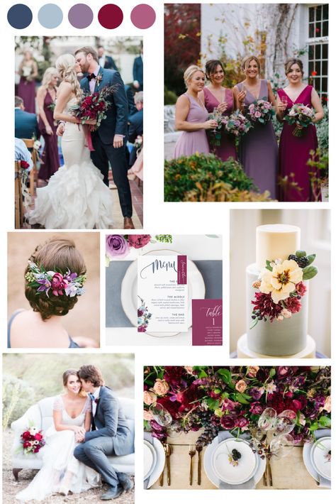 Raspberry Wedding Color, Magenta Wedding Colors, April Wedding Colors, Blue Color Palette Wedding, Burgundy Color Palette, Mauve Wedding Colors, September Wedding Colors, Burgundy Colour Palette, Wedding Color Schemes Blue