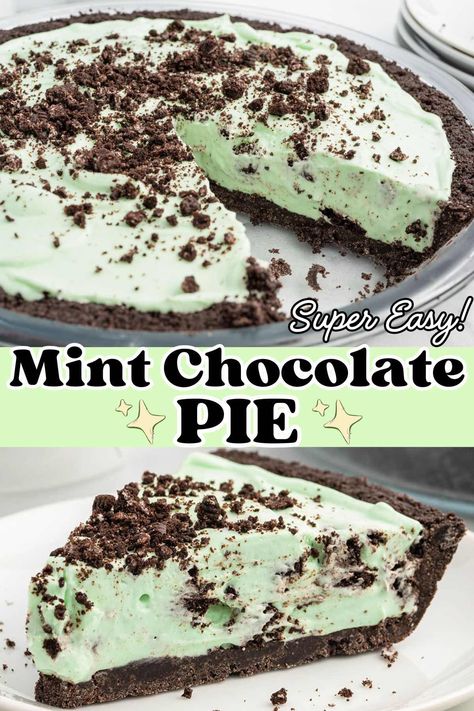 Mint Chocolate Pie Mint Chocolate Chip Ice Cream Pie, Grasshopper Cocktail, Brownie Pie Recipe, Mint Pie, Mint Chocolate Desserts, Chocolate Pie Recipe, Green Dessert, Chocolate Cookie Crust, Oreo Pie