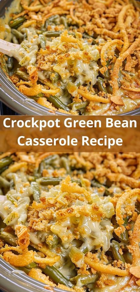 Crockpot Green Bean Casserole: Set it, forget it, and enjoy! Green Bean Casserole Recipes Crock Pots, Thanksgiving Crockpot Recipes Dessert, Crockpot Green Bean Casserole Easy, Thanksgiving Recipes Slow Cooker, Green Bean Casserole With Boursin Cheese, Christmas Potluck Ideas Crockpot, Green Bean Recipes Crockpot, Potluck Ideas Crockpot, Vegetarian Green Bean Casserole