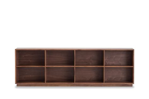 Walnut Bookshelves, Detroit Apartment, Plywood Art, Low Bookshelves, Plywood Projects, Walnut Bookcase, Low Bookcase, Wood Bookshelves, Wood Sample