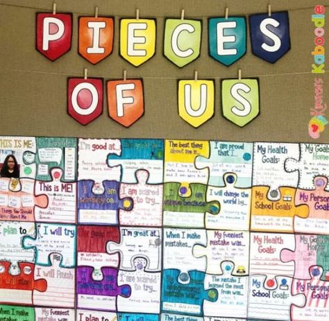 Puzzle Bulletin Boards, Goals Bulletin Board, School Bulletin Board Ideas, Middle School Bulletin Boards, Community Bulletin Board, Community Building Activities, Interactive Bulletin Boards, Interactive Bulletin Board, Classroom Goals