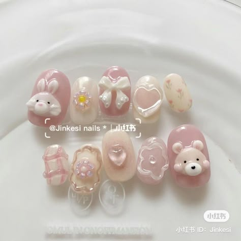 #douyin#ulzzang#korean#chinese#cute#aesthetic#nail#nailideas#nails#nailinspiration Douyin Charm Nails, Korean Short Nails Ideas, Korean Nail Art Cute 3d, Halloween Douyin Nails, Korean Jelly Nails With Charms, Short Chinese Nails, 3d Korean Nails, Korean 3d Nail Art, Nail Art Aesthetic Pastel