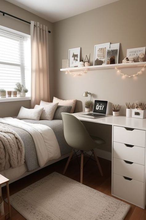 Small Bedroom With Shelves, 3x4 Bedroom Design, Small Bedroom Ideas With Desk, Uni Room Ideas Uk Halls, Decorate A Small Bedroom, Small Bedroom Makeover, Bedroom Ideas For Small Rooms Cozy, Cozy Bedroom Ideas, Blankets And Pillows