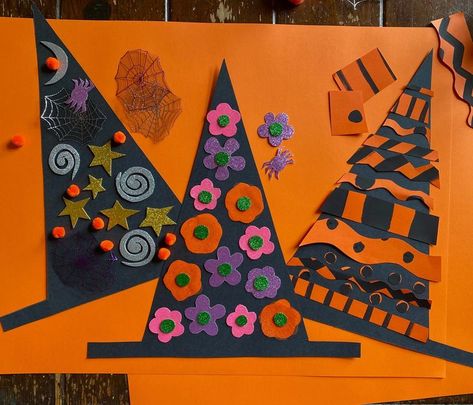 Cut out tall witch hats (20" or so) and decorate with lots of fun shapes like moons, stars, flowers, and painted papers. Easy and fun for kids. Shape Witch Craft, Witches Hat Drawing, Drawing With Oil Pastels, Hat Drawing, Room On The Broom, Witch Hats, Witch Craft, Witches Hat, Fun For Kids