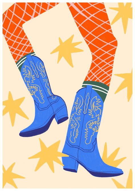 Cowboy boots art print Cowboy Boots Art, Boots Art, Back Drawing, Beach Illustration, Branding Ideas, Vintage Drawing, Sketch Inspiration, Retro Illustration, Digital Illustrations