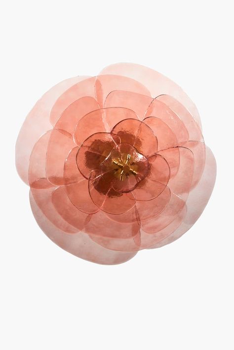 For Sale on 1stDibs - Textured glass chandelier composed of individuals pink petals mounted on a brass structure, in the shape of a lily pad flower that diffuses light. The Pink Glass Chandelier, Laura Gonzalez, Pink Chandelier, Classic Chandeliers, Backyard Deck, Art Deco Glass, Crystal Wall, Hanging Light Fixtures, Deco Furniture