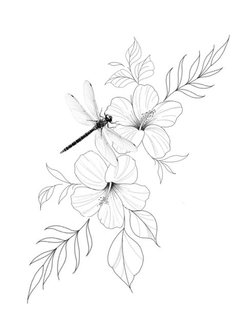 Cherry Blossom Tattoo Shoulder, Skull Thigh Tattoos, Hawaiian Flower Tattoos, Flower Tattoo Stencils, Dragonfly Drawing, Cool Shoulder Tattoos, Dragonfly Tattoo Design, Insect Tattoo, Special Tattoos