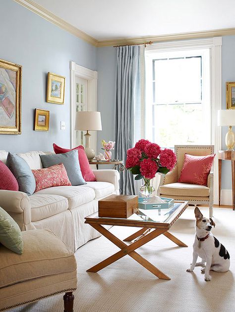 The coffee table in this luxe space really combines the whole space! http://www.bhg.com/decorating/small-spaces/apartments/condo-decorating-ideas/?socsrc=bhgpin090114condocolor Color Palette For Home, Manchester Tan, Pale Blue Walls, Condo Decorating, Condo Living, Design Del Prodotto, Decorating Small Spaces, A Living Room, Room Colors