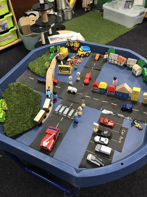 Vehicles Tuff Tray, Train Tuff Tray Ideas, Local Area Eyfs, Car Tuff Tray, Tuff Table, Nursery Room Ideas Childcare, Car Tracks For Kids, Tuff Tray Activities, Tuff Tray Ideas Toddlers