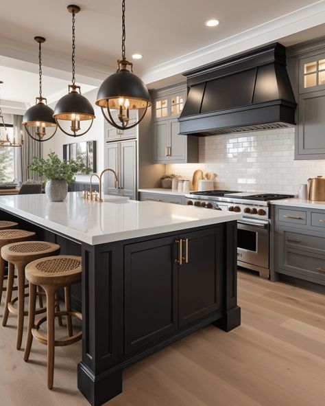 A st of 3 industrial gray pendant lights hanging over a kitchen island counter with wooden bar stools nestled inside, a marble countertop, gray shelves, modern, industrial and chic with metal finishes. Highgrove House, Cabinet Samples, Vermont House, Metal Magic, Kitchens Design, Country Kitchens, Kitchen Renovations, Kitchen Remodel Inspiration, Dining Room Combo