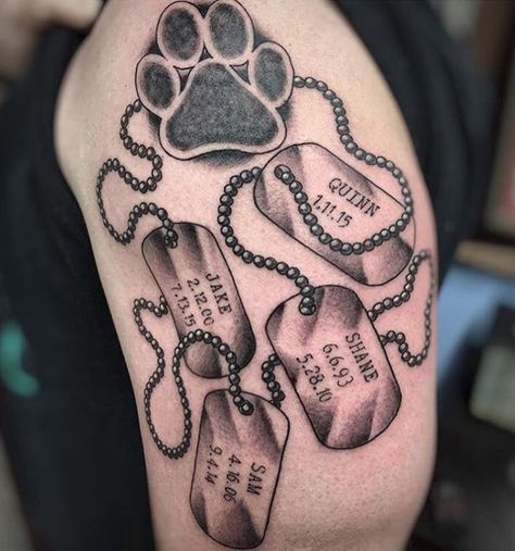 50+ Best Dog Memorial Tattoo Ideas – Page 2 – The Paws Dog Momento Tattoos, Memorable Dog Tattoos, Dog Collar Tattoo Memorial, Dog Names Tattoo Ideas, Dog Memorial Tattoos Men, Dog Memorial Tattoos With Name, Dog Paw Tattoo For Men, Dog Print Tattoos, Lost Dog Tattoo