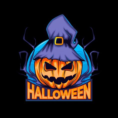 Logo halloween pumpkin with witch hat an... | Premium Vector #Freepik #vector #halloween #character #cartoon #face Pumpkin Logo, Pumpkin With Witch Hat, Draw Halloween, Halloween Logo, Estilo Cartoon, Halloween Character, Cartoon Face, Painted Hats, Night Moon