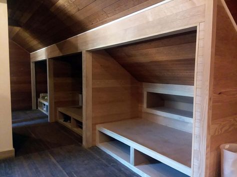 ARCIFORM on Instagram: “More lovely progress shots from intern Kylee: this is the 1909 attic remodel in SW Portland with bathroom and bunk room…” Built In Attic Beds, Attic Bunk Room Sloped Ceiling, Loft Bunk Room, Small Attic Bedroom, Attic Bed, Guest Room Bed, Cabin Inspiration, Built In Bed, Smart Bed