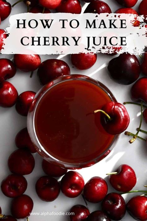 How to pit cherries then make homemade cherry juice using either sweet or tart cherries and one of 5 methods - with or without a juicer. This sweet/tart cherry juice is super refreshing, flavorful, and loaded with health benefits! Sour Cherry Juice Recipe, Cherry Juice Recipe, Homemade Cherry Juice, Banana Juice Recipe, Cherry Juice Benefits, How To Pit Cherries, Tart Cherries Recipes, Fruit Juice Recipes, Tart Cherries