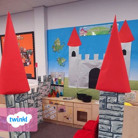 Fairytale Classroom Display, Castle Dramatic Play Preschool, Castle Role Play Eyfs, Castle Role Play Area, Fairytale Dramatic Play, Cinderella Eyfs, Castle Dramatic Play, Medieval Activities, Purim Preschool