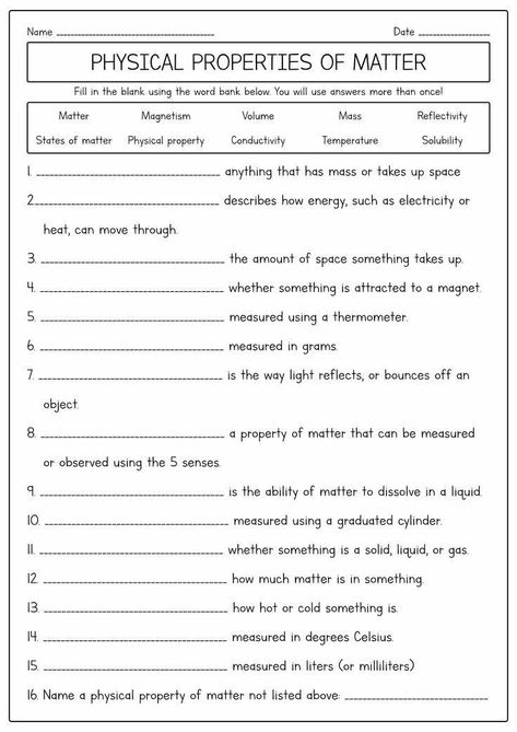 Physical Properties Of Matter, States Of Matter Worksheet, Science Electricity, Science Quiz, Creative Worksheets, Matter Worksheets, Properties Of Matter, Matter Science, 5th Grade Science