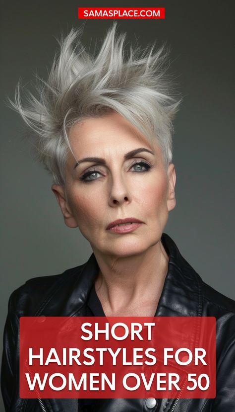 Short hairstyles for women over 50 featuring spiky gray pixies for a bold, playful look. Gray Pixie Haircut Over 50, Pixie Hairstyles For Fine Hair, Pixie Highlights, Gray Pixie, Gray Hair Pixie Cuts, Hairstyles For Women Over 50, Pixie Hair, Modern Women, Women Over 50