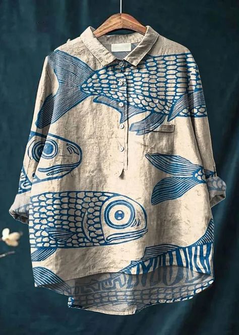 Vintage Fish Art Blue Minimalist, Linen Shirts Women, Fishing Women, Chic Top, Vintage Fishing, Fish Print, Printed Sleeves, Looks Style, Print Shirt