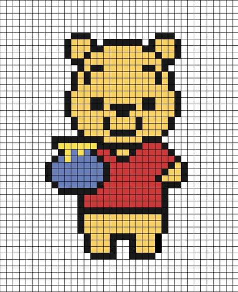 A pixel art template of Winnie the Pooh, holding a blue filled honey pot. Winnie The Pooh Pixel Art Grid, Beauty And The Beast Pixel Art, Tom And Jerry Pixel Art, Disney Pixel Art Easy, Disney Pixel Art Grid, Winnie The Pooh Perler Beads, Pooh Pixel Art, Winnie The Pooh Pixel Art, Easy Pixel Art Disney