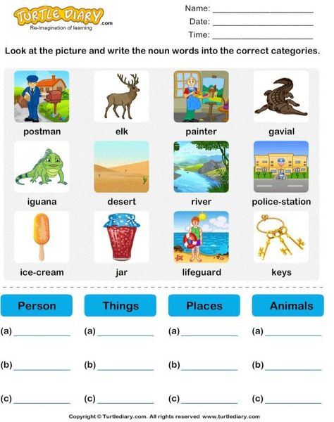 Sort nouns as person, place, animal or thing - TurtleDiary.com Nouns Worksheet Kindergarten, Place Worksheet, Person Place Thing, Nouns Activities, Ela Worksheets, English Grammar For Kids, Grammar English, Grammar For Kids, Common Nouns